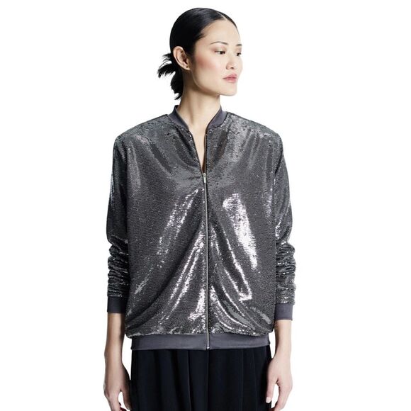 GSTQ Sequin Bomber Jacket - Size XS - Silver / Bronze - Retail $398 - Picture 1 of 10